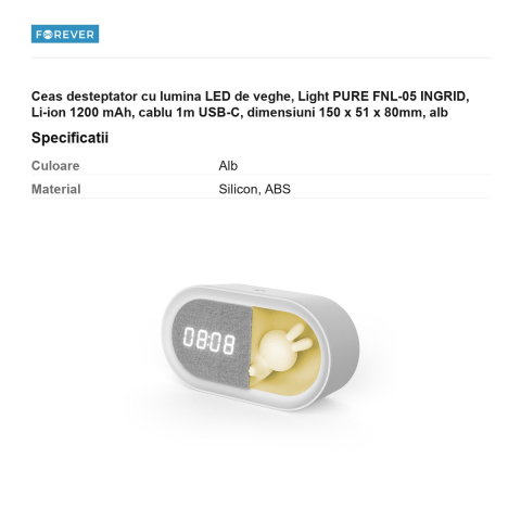 Ceas desteptator cu lumina LED de veghe, Light PURE FNL-05 INGRID, Li-ion 1200 mAh, cablu 1m USB-C, dimensiuni 150 x 51 x 80mm, alb [2]