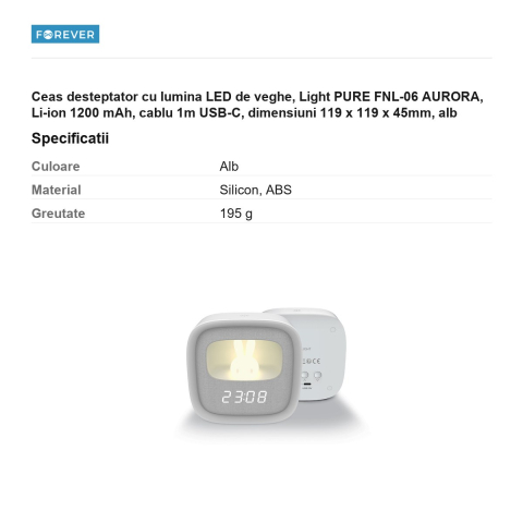 Ceas desteptator cu lumina LED de veghe, Light PURE FNL-06 AURORA, Li-ion 1200 mAh, cablu 1m USB-C, dimensiuni 119 x 119 x 45mm, alb [2]