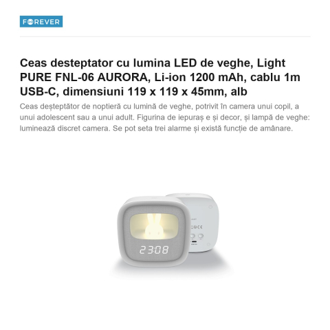 Ceas desteptator cu lumina LED de veghe, Light PURE FNL-06 AURORA, Li-ion 1200 mAh, cablu 1m USB-C, dimensiuni 119 x 119 x 45mm, alb [1]