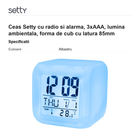 Ceas Setty cu radio si alarma, 3xAAA, lumina ambientala, forma de cub cu latura 85mm [2]