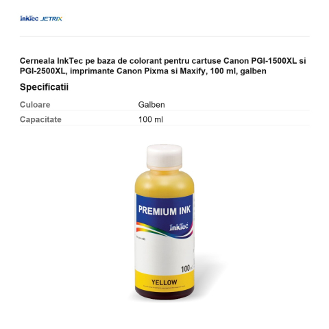 Cerneala InkTec pe baza de colorant pentru cartuse Canon PGI-1500XL si PGI-2500XL, imprimante Canon Pixma si Maxify, 100 ml, galben [2]