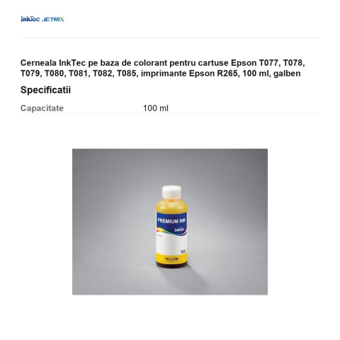 Cerneala InkTec pe baza de colorant pentru cartuse Epson T077, T078, T079, T080, T081, T082, T085, imprimante Epson R265, 100 ml, galben [2]