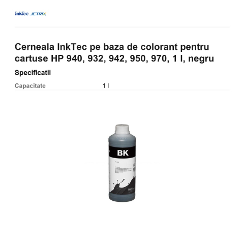 Cerneala InkTec pe baza de colorant pentru cartuse HP 940, 932, 942, 950, 970, 1 l, negru [2]