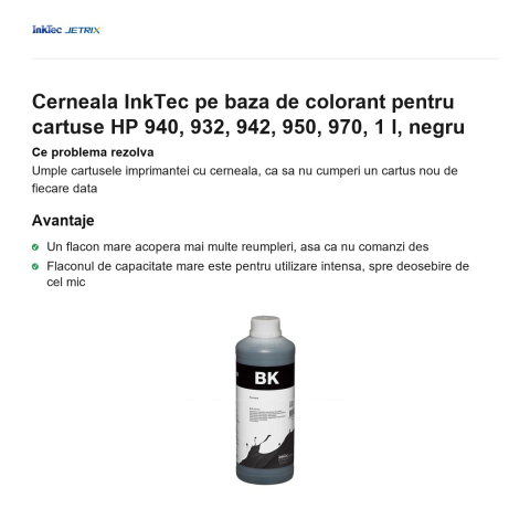 Cerneala InkTec pe baza de colorant pentru cartuse HP 940, 932, 942, 950, 970, 1 l, negru [1]