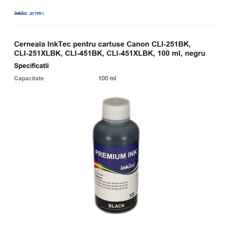Cerneala InkTec pentru cartuse Canon CLI-251BK, CLI-251XLBK, CLI-451BK, CLI-451XLBK, 100 ml, negru [2]