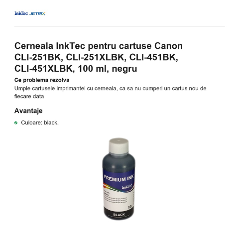 Cerneala InkTec pentru cartuse Canon CLI-251BK, CLI-251XLBK, CLI-451BK, CLI-451XLBK, 100 ml, negru [1]