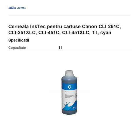 Cerneala InkTec pentru cartuse Canon CLI-251C, CLI-251XLC, CLI-451C, CLI-451XLC, 1 l, cyan [2]