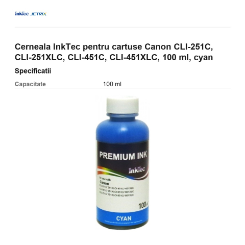Cerneala InkTec pentru cartuse Canon CLI-251C, CLI-251XLC, CLI-451C, CLI-451XLC, 100 ml, cyan [2]