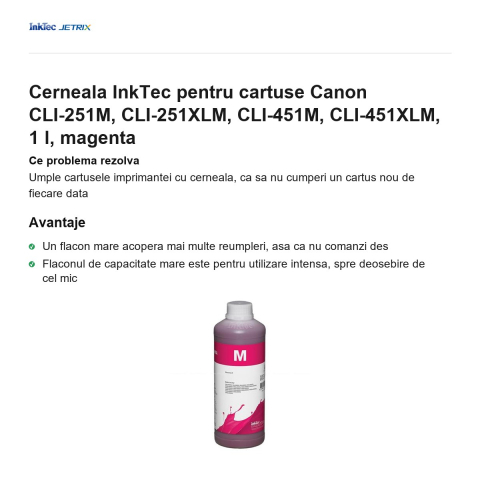Cerneala InkTec pentru cartuse Canon CLI-251M, CLI-251XLM, CLI-451M, CLI-451XLM, 1 l, magenta [1]