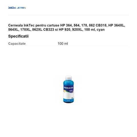 Cerneala InkTec pentru cartuse HP 364, 564, 178, 862 CB318, HP 364XL, 564XL, 178XL, 862XL CB323 si HP 920, 920XL, 100 ml, cyan [2]