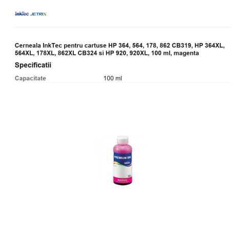 Cerneala InkTec pentru cartuse HP 364, 564, 178, 862 CB319, HP 364XL, 564XL, 178XL, 862XL CB324 si HP 920, 920XL, 100 ml, magenta [2]