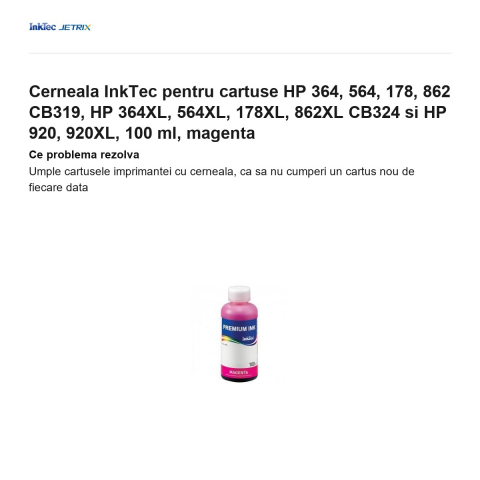 Cerneala InkTec pentru cartuse HP 364, 564, 178, 862 CB319, HP 364XL, 564XL, 178XL, 862XL CB324 si HP 920, 920XL, 100 ml, magenta [1]