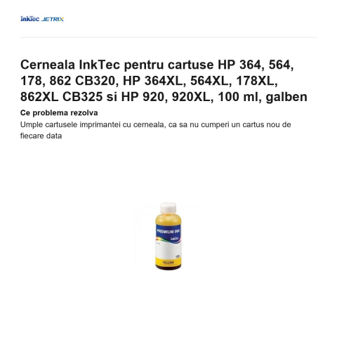 Cerneala InkTec pentru cartuse HP 364, 564, 178, 862 CB320, HP 364XL, 564XL, 178XL, 862XL CB325 si HP 920, 920XL, 100 ml, galben [1]