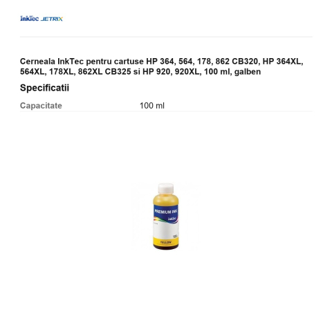 Cerneala InkTec pentru cartuse HP 364, 564, 178, 862 CB320, HP 364XL, 564XL, 178XL, 862XL CB325 si HP 920, 920XL, 100 ml, galben [2]