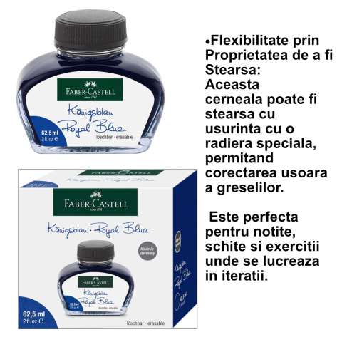 Cerneala pentru Stilou, Albastra, Care Poate fi Stearsa, 62.5 ml, Faber-Castell, pentru Scris Academic si Notite, Formula Rezistenta la Decolorare [3]