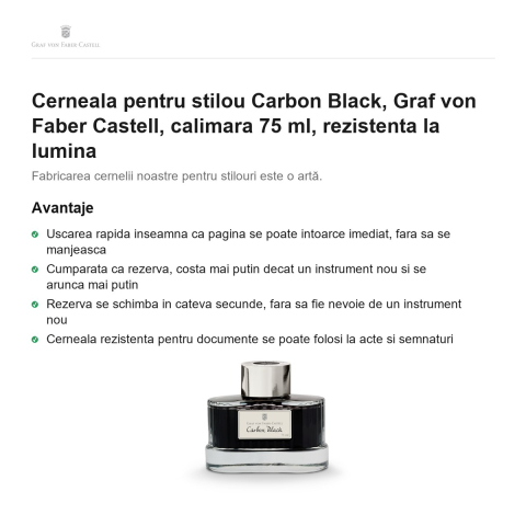 Cerneala pentru stilou Carbon Black, Graf von Faber Castell, calimara 75 ml, rezistenta la lumina [1]
