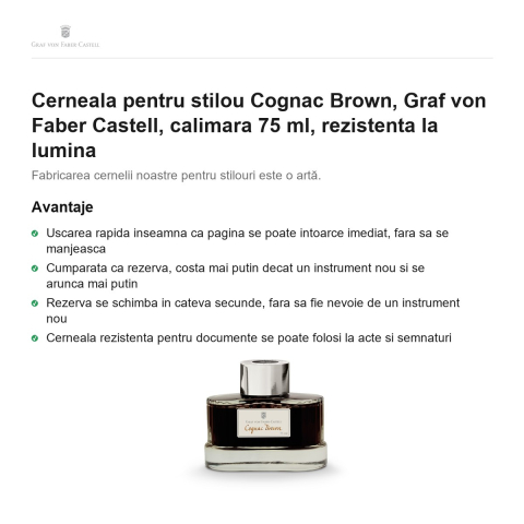 Cerneala pentru stilou Cognac Brown, Graf von Faber Castell, calimara 75 ml, rezistenta la lumina [1]