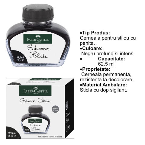 Cerneala pentru stilou cu penita, Negru intens, 62.5 ml, permanenta, Faber-Castell, pentru scris profesional si arta [4]