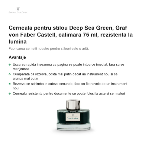 Cerneala pentru stilou Deep Sea Green, Graf von Faber Castell, calimara 75 ml, rezistenta la lumina [1]
