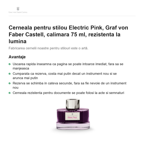Cerneala pentru stilou Electric Pink, Graf von Faber Castell, calimara 75 ml, rezistenta la lumina [1]