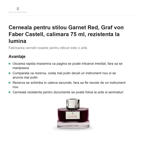 Cerneala pentru stilou Garnet Red, Graf von Faber Castell, calimara 75 ml, rezistenta la lumina [1]