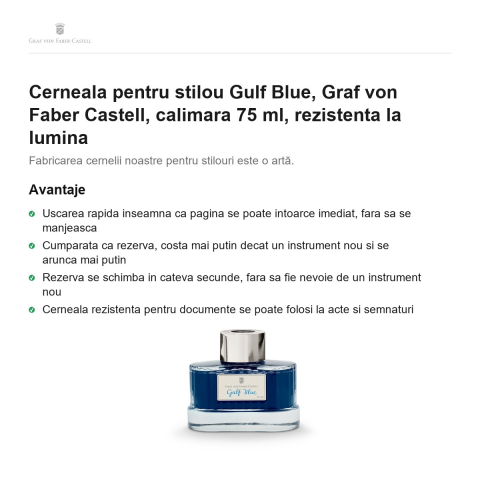 Cerneala pentru stilou Gulf Blue, Graf von Faber Castell, calimara 75 ml, rezistenta la lumina [1]