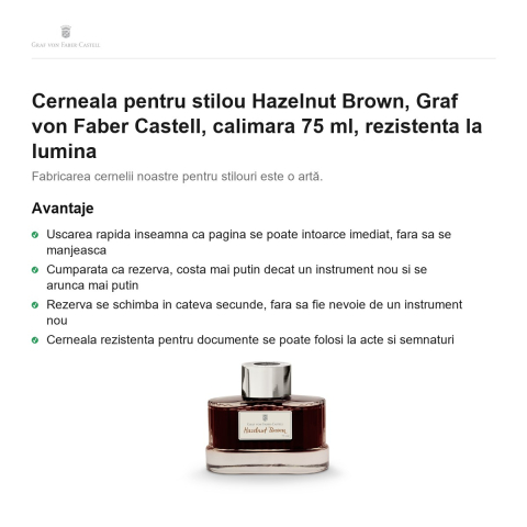 Cerneala pentru stilou Hazelnut Brown, Graf von Faber Castell, calimara 75 ml, rezistenta la lumina [1]