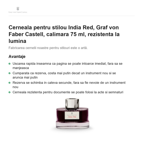 Cerneala pentru stilou India Red, Graf von Faber Castell, calimara 75 ml, rezistenta la lumina [1]