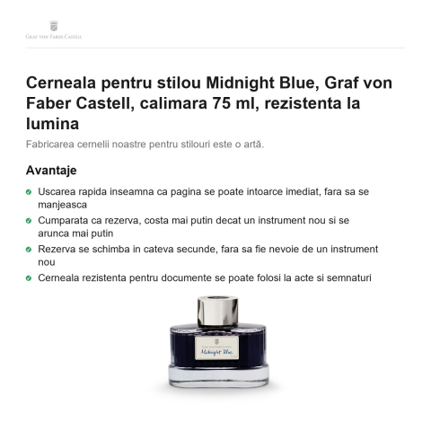 Cerneala pentru stilou Midnight Blue, Graf von Faber Castell, calimara 75 ml, rezistenta la lumina [1]