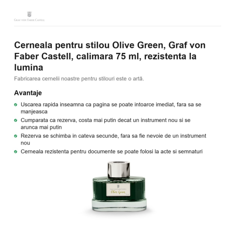 Cerneala pentru stilou Olive Green, Graf von Faber Castell, calimara 75 ml, rezistenta la lumina [1]
