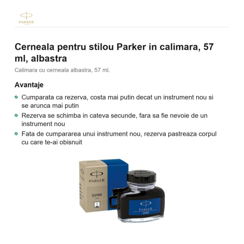 Cerneala pentru stilou Parker in calimara, 57 ml, albastra [1]