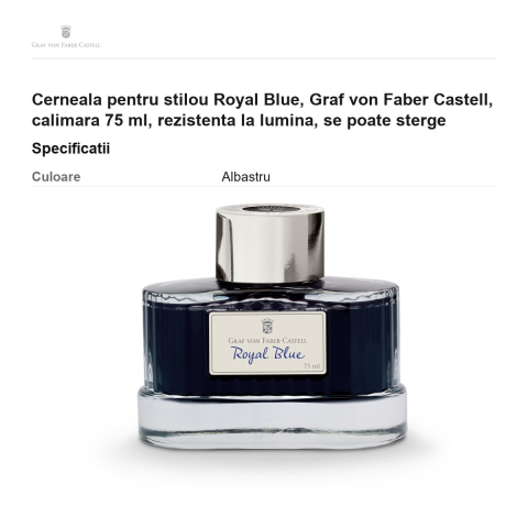 Cerneala pentru stilou Royal Blue, Graf von Faber Castell, calimara 75 ml, rezistenta la lumina, se poate sterge [2]