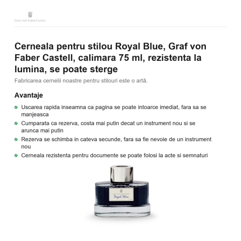 Cerneala pentru stilou Royal Blue, Graf von Faber Castell, calimara 75 ml, rezistenta la lumina, se poate sterge [1]