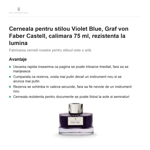 Cerneala pentru stilou Violet Blue, Graf von Faber Castell, calimara 75 ml, rezistenta la lumina [1]