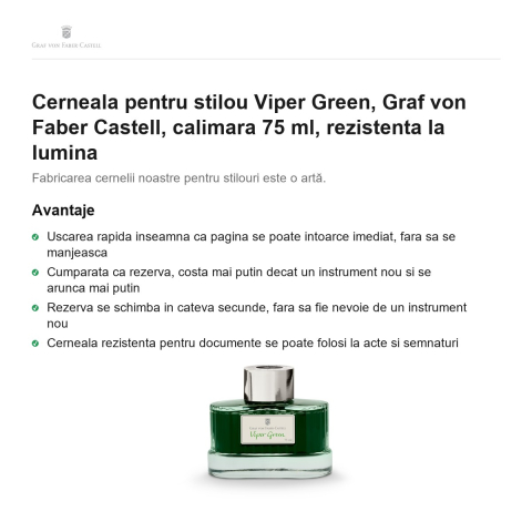 Cerneala pentru stilou Viper Green, Graf von Faber Castell, calimara 75 ml, rezistenta la lumina [1]