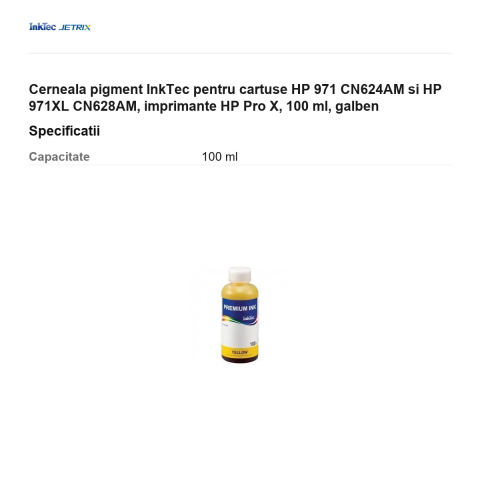 Cerneala pigment InkTec pentru cartuse HP 971 CN624AM si HP 971XL CN628AM, imprimante HP Pro X, 100 ml, galben [2]