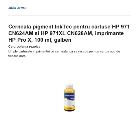 Cerneala pigment InkTec pentru cartuse HP 971 CN624AM si HP 971XL CN628AM, imprimante HP Pro X, 100 ml, galben [1]