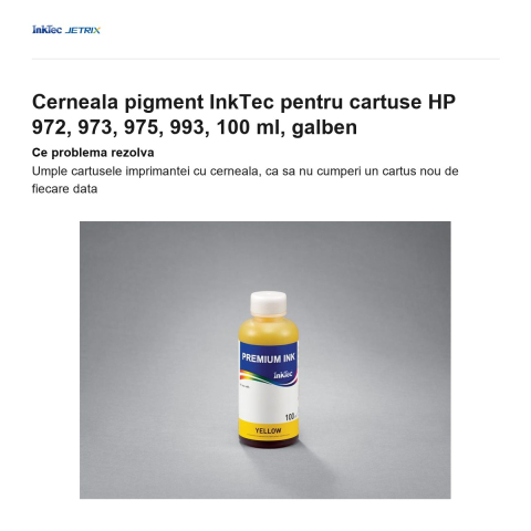 Cerneala pigment InkTec pentru cartuse HP 972, 973, 975, 993, 100 ml, galben [1]