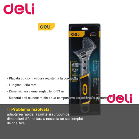 Cheie reglabila Deli DL30110, otel carbon forjat, maaner anti-alunecare, 250 mm, pentru uz general [1]