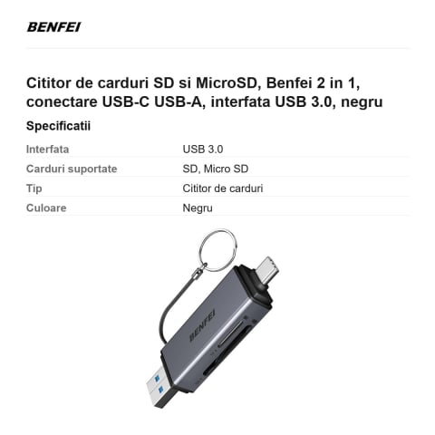 Cititor de carduri SD si MicroSD, Benfei 2 in 1, conectare USB-C USB-A, interfata USB 3.0, negru [2]