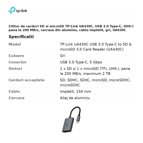 Cititor de carduri SD si microSD TP-Link UA430C, USB 3.0 Type-C, UHS-I pana la 200 MB/s, carcasa din aluminiu, cablu impletit, gri, UA430C [2]