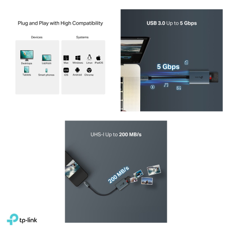 Cititor de carduri SD si microSD TP-Link UA430C, USB 3.0 Type-C, UHS-I pana la 200 MB/s, carcasa din aluminiu, cablu impletit, gri, UA430C [4]