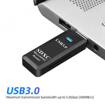 Cititor USB 3.0 pentru carduri SDXC si microSDXC , scriere, stocare si transfer date, indicator LED, cu capac, negru [5]