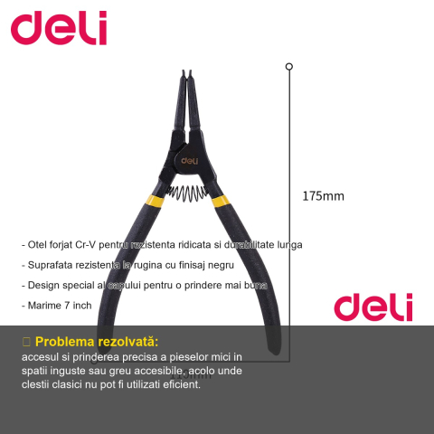 Cleste cu varf subtire 7 inch Deli DL20022, otel Cr-V forjat, finisaj negru anti-rugina, pentru lucrari de precizie [1]