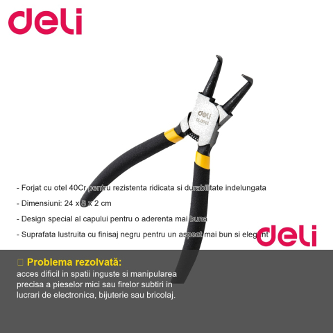 Cleste cu varf subtire curbat Deli DL0343, 7 inch, otel 40Cr, pentru lucrari de precizie [1]