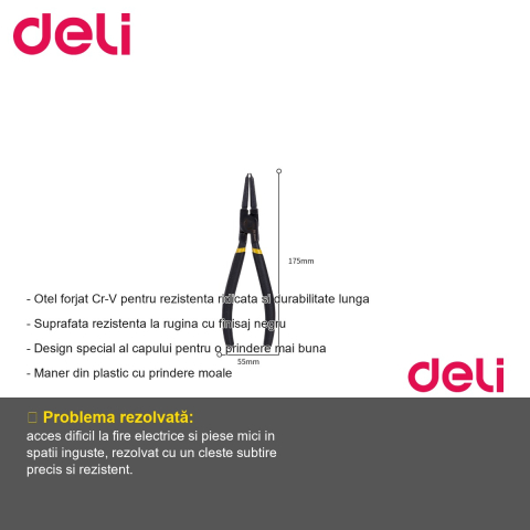 Cleste cu varf subtire pentru electrica Deli DL20021, otel Cr-V forjat, 7 inch, finisaj negru antirugina [1]