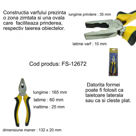 Cleste patent universal, FS-12672, cu maner izolat, latime varf 10mm, galben cu negru [4]