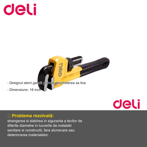 Cleste pentru tevi cu blocare Deli, 18 inch, aliaj otel Cr-Mo, pentru constructii si instalatii sanitare [1]