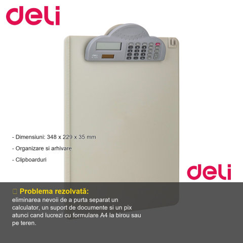 Clipboard A4 profesional Deli cu calculator integrat 8 digiti si suport stilou, pentru birou [1]