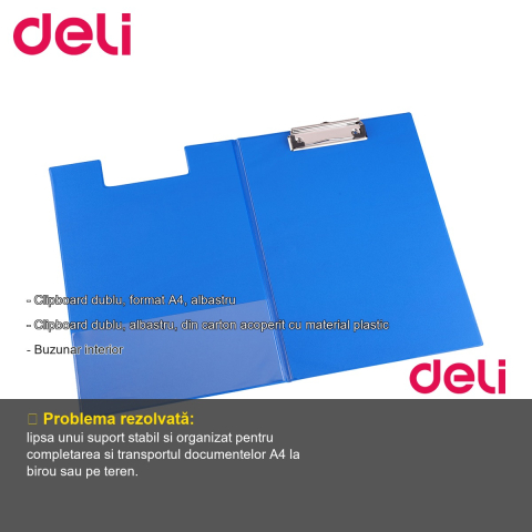 Clipboard dublu Deli, format A4, albastru, cu buzunar interior, pentru organizare documente la birou [1]